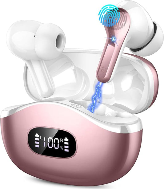 Wireless Earbud, Bluetooth 5.3 Headphones 40H Ear Bud in-Ear Bluetooth HiFi Stereo Sound with 4 Mics, IP7 Waterproof (Golden)