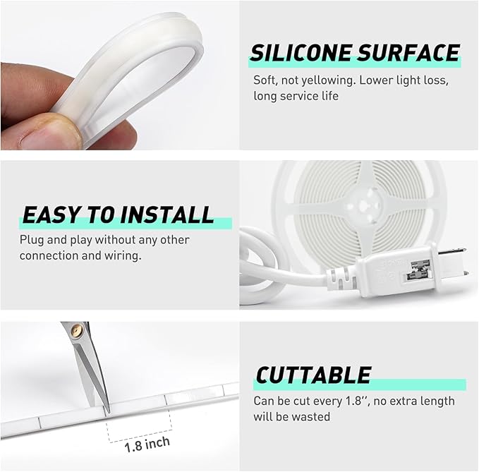 GZBtech Silicone COB Neon Rope Lights 16.4FT/5M, 6000K Super Bright Cold White Waterproof Neon Strip Light, AC 110-120V Flexible Soft Cuttable Tape Rope Lighting for Indoor Outdoor Home Commercial