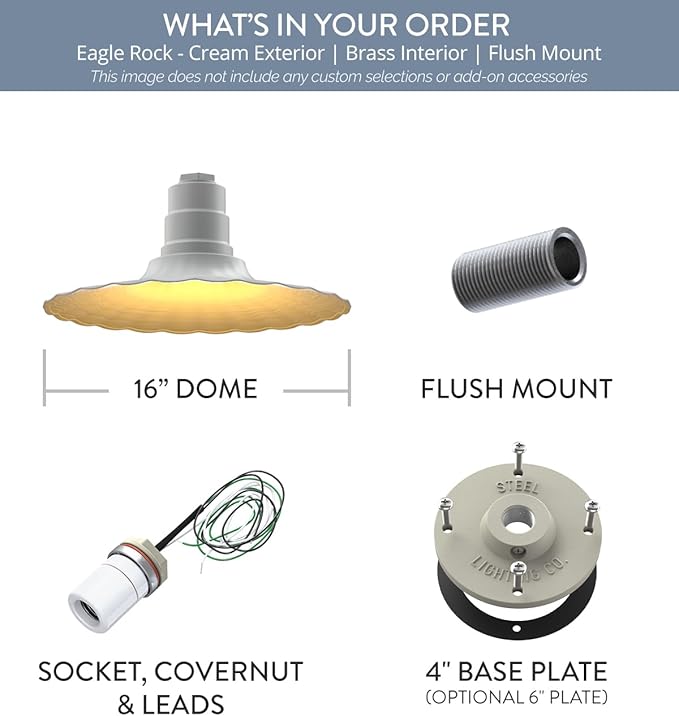 Steel Lighting Co. Eagle Rock Pendant | Ceiling Mounted Light | 16 inch Radial Wave | Flush Mount | Heavy Duty Steel Retro Farmhouse Style Made in America | Cream Exterior/Brass Interior