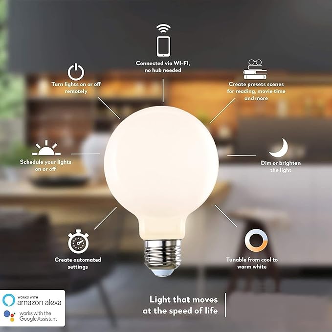 Diodesy- G25 Smart LED Light Globe Vanity Bathroom WiFi Bulb Works with Alexa and Google Home Pack of 4 No Hub Required 5.5W (60W Equivalent) Tunable 2200K-6500K 500LM E26 for Decorative Makeup Mirror