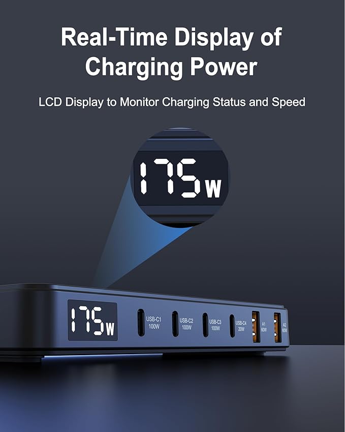 175W USB-C Charger, Ultra-Thin 6 Ports GaN Fast Charging Station, PPS PD 100W Laptop Charger Adapter, LCD Display, Compatible with MacBook Pro/Air, iPhone 15/14/13, Pixel, Galaxy, and More