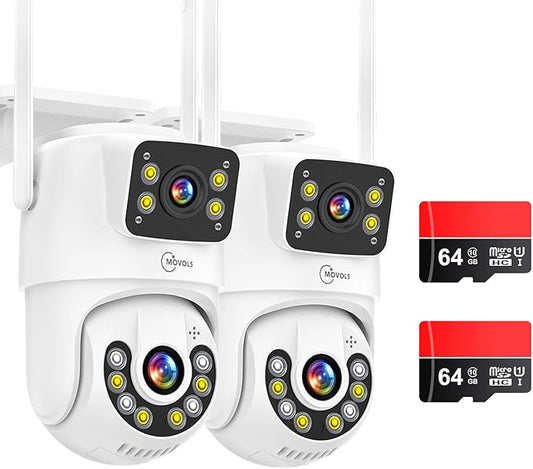 Dual Lens Linkage 8MP Pan/Tilt WiFi PTZ Security Camera Outdoor 2Pack, Auto Tracking, Human Detection, Light Alarm, Color Night Vision,Siren, Plug-in Cable,2.4G WiFi,SD Card Slot with TF64G Card