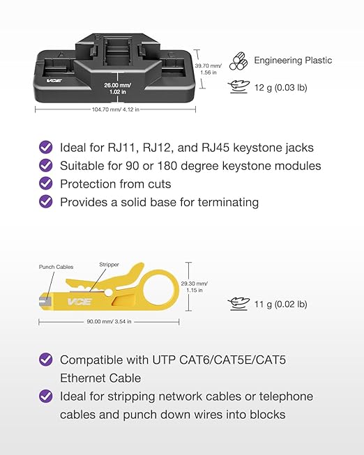 VCE RJ45 Cat6 Keystone Jacks UL Listed 50-Pack, UTP Ethernet Keystone Jacks with Keystone Punch Down Stand Tool and Wire Stripper Cutter, White