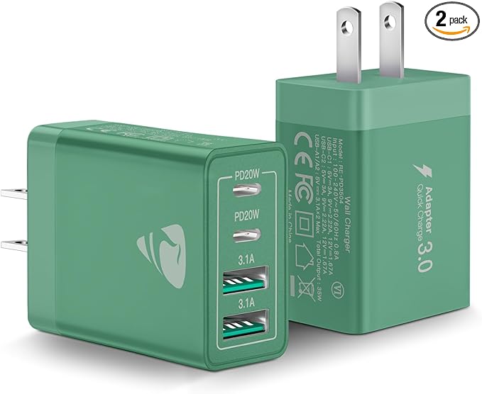 40W USB C Charger Cube, 2-Pack Wall Plug Fast Charging Block, 4-Port QC +PD Power Adapter Multiport Brick Type C Box for iPhone 16/15/14/13/12/11 Pro, XS/XR/8/7, Tablets, Cellphones Charger