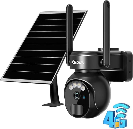 Xega 4G LTE Security Camera No WiFi with SIM Card 2K Super HD Solar Powered Wireless Outdoor 4G Security Camera PIR Motion Sensor Night Vision 2 Way Talk 【Built in SIM Card】