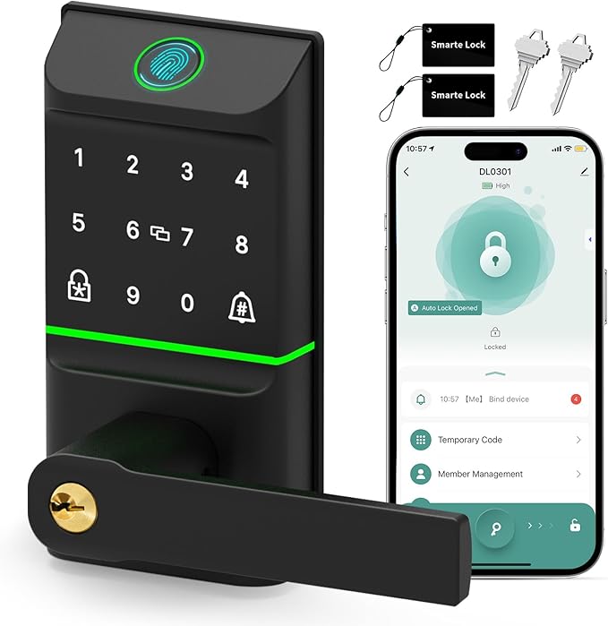 Smart Door Lock Keyless Entry 6 in 1 Electric Biometric Digital Deadbolt APP Fingerprint Touchscreen Keypad IC Card Key Type-C Charging Unlocking for Front Doors Home