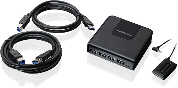 IOGEAR 4x2 USB 3.0 Peripheral Sharing Switch - Share 4 USB Devices Between 2 Computers - LED Indicators - Cables n Remote Included - PC - MAC - Printer - Scanner - Mouse/Keyboard and More - GUS432