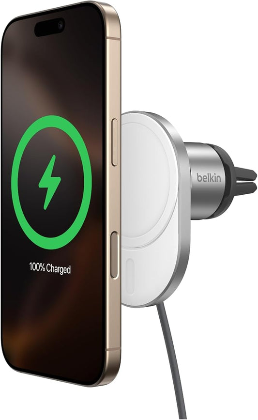 Belkin MagSafe-Compatible Wireless Car Charger with 15W Fast Charging, Powerful Magnetic Vent Holder for iPhone 16, 15, 14, 13, and 12 Series, Secure Car Phone Mount - White