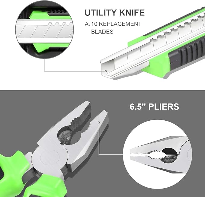 DNA MOTORING Green 46 PCs Home Tool Set Electonic Repair Precision Screwdriver Voltage Tester Hammer Plier DIY Kit (TOOLS-00015)