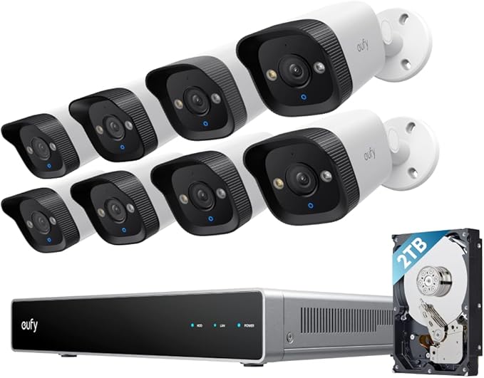 eufy PoE NVR Security System E40,24/7 Recording,16CH, 2TB HDD, 8 4K Bullet Cams, Wired Outdoor Cam, 4K UHD, 122° FOV, Color Night Vision,AI Detection, Red and Blue Strobe