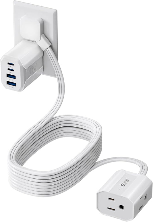 SUPERDANNY Detachable Travel Power Strip,45W USB Fast Charge,2 USB-C & 2 USB-A with 3 Outlet Flat Plug Extension Cord 10ft,Portable Charger for Travel Essentials for Travel Cruise Home, White