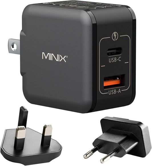 MINIX P1 Mini 30W USB C Charger, 33W PPS 2-Port GaN Charger 1 USB-C Port, 1 USB-A Port with Foldable Plug, Compatible with iPhone 8-15/16 Series, Galaxy S10-S23, Pad and More