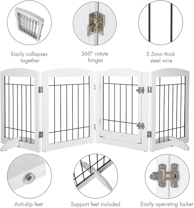 PAWLAND Freestanding Dog gate with Walk Through Door, Dog Gates for Doorways, The House, Stairs, 80" Wide Pet Puppy Safety Fence with Support Feet, 4 Panels, White