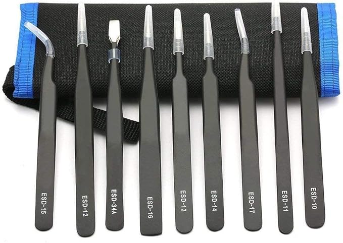 Tweezers Precision Set,Easily Life 10pcs ESD Tweezers Set, Anti Static Stainless Steel Anti Magnetic Tweezers Set with Storage Bag for Craft,Electronics Repair,jewelry repair,Laboratory Work,etc