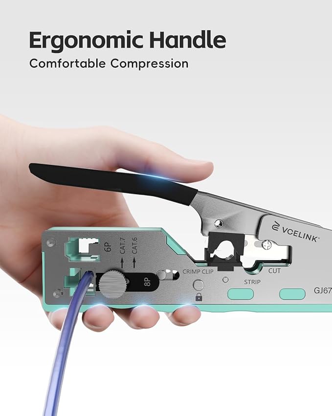 VCELINK RJ45 Crimp Tool, All-In-One Ethernet Crimper for CAT7/CAT6A/CAT6/CAT5E/CAT5, No Screwdriver Needed RJ45 and RJ11/RJ12 Crimping Tool, with An Adjustable Knob, Green