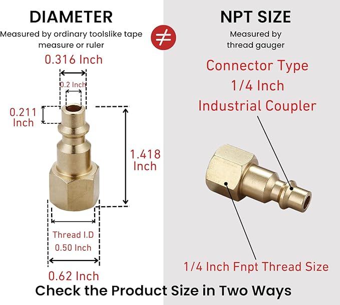 Air Hose Fittings And Air Coupler Plug, Air Compressor Quick-Connect FNPT Female Plug Kit (Industrial Type D, 1/4-Inch NPT Female Thread, Solid Brass, 2 Piece)