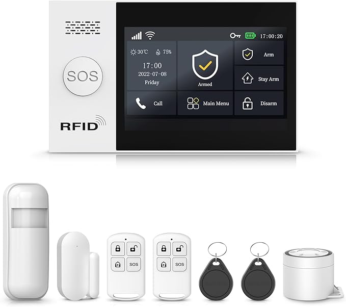 Home Security Systems,Wireless Alarm System with 4G SMS/Tuya App Instant Alerts,Motion Detector,Door Alarm Sensors,Remote,Work with Alexa and Google,8 Piece Kits for Home,Villa,No Monthly Fee
