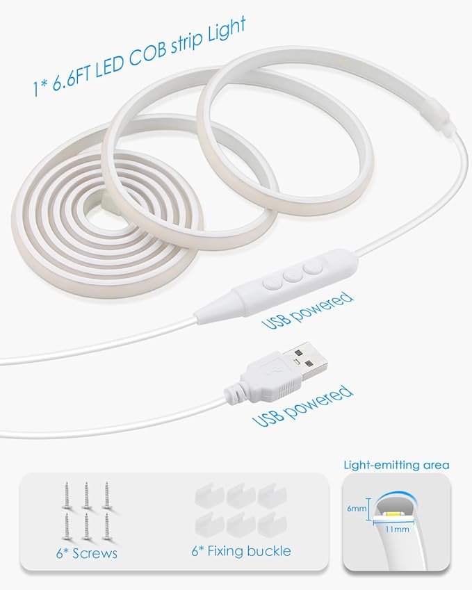 USB COB LED Strip Light Waterproof 5V 6.6FT 3000K Warm White COB LED Rope Light for Bedroom with Dimmer High Density 320LEDs/M Tunable Flexible LED Tape Light for TV Backlight Mirror Decor 2M