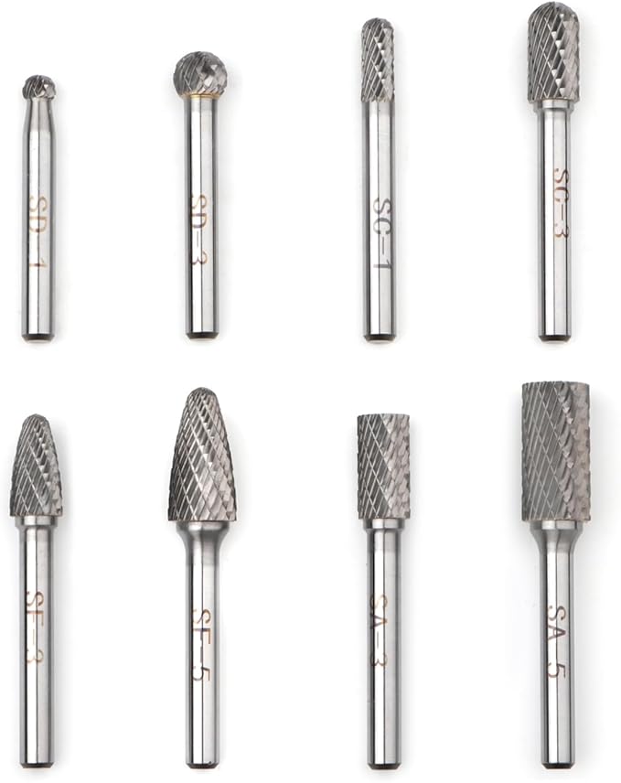 8PCS Carbide Burr Set 1/4" Shank, Double Cut Tungsten Carbide Rotary Tool Attachment Kit Rasp Accessories for Die Grinder Metal Wood Carving, Engraving, Polishing, Grinding