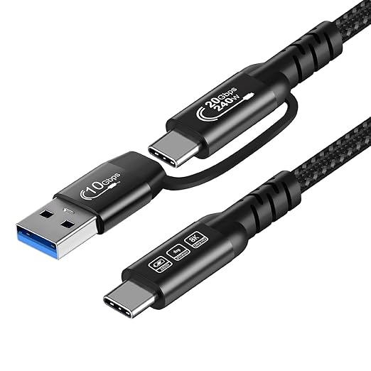 CABLEDECONN USB2.0 A to USB C 3.2 Type C 20Gbps Male to Male Detachable 0.5m 1.6ft Cable Data Extension 10Gbps 240W Fast Charge 8K Ultra HD Video Data Connection Power Line