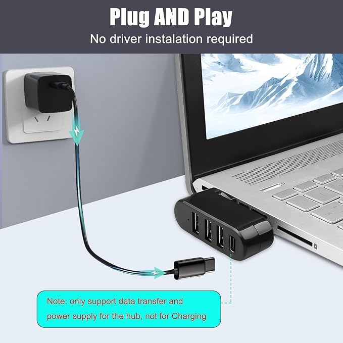 VIENON 4-Port USB C Hub [90°/180° Degree Rotatable], USB C Adapter Splitter with PD-in 5W Port, USB Extender for MacBook, iMac, Surface, and More C Port Laptop(Not for Car)