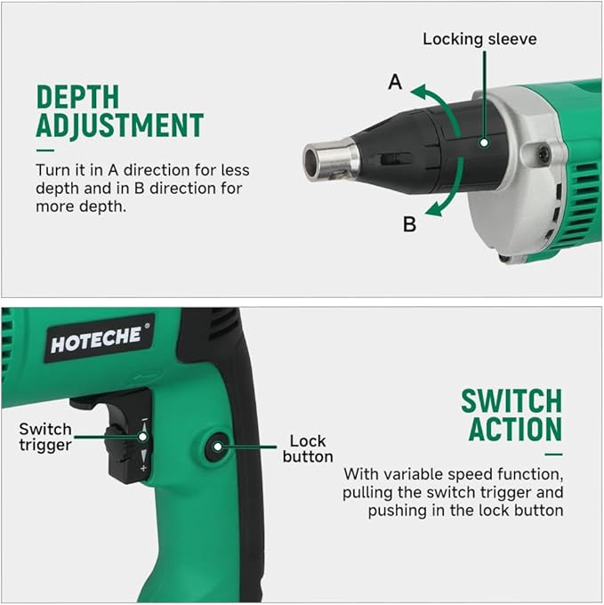 Hoteche 5-Amp Dry Wall Screw Driver, Electric Screwdriver with Variable Speed 0-4500 RPM, 1/4" Chuck, Forward & Reverse Switch with 6pcs Cr-V Bits
