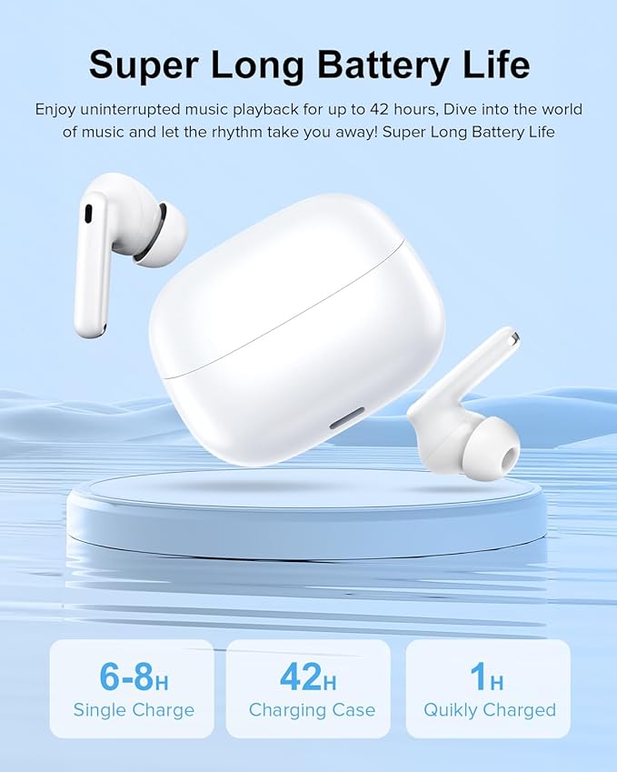 Wireless Earbuds, 42H Playtime Bluetooth 5.3 Headphones, HiFi Stereo Call Noise Cancelling Earbuds, IPX7 Waterproof Stereo in-Ear Earphones with LED Display for iOS Android (White)