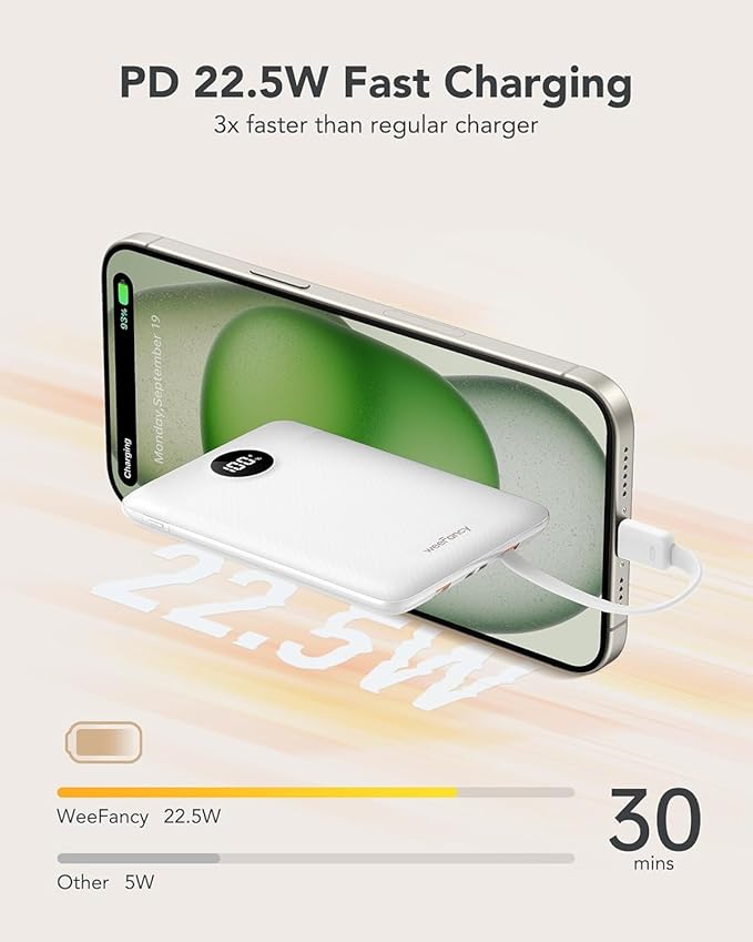 Mini Portable Charger with Built-in Cables 22.5W Fast Charging Power Bank USB-C Small Battery Pack 10000mAh Travel Essential Slim Battery for iPhone 16/15/14, Samsung 25/24, and More
