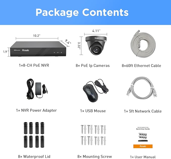PoE Security Camera System 8 Channel, 8X 8MP Wired IP Dome Turret Camera for Indoor Outdoor, Remote Access, Smart AI Human Vehicle Detection, Built-in Mic, 4K 8CH NVR 2TB HDD, PD93A30808-8M