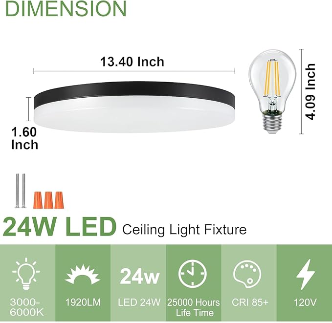 DLLT 24W Modern Dimmable Led Flush Mount Ceiling Light Fixture, 13 Inch Black Round Close to Ceiling Lights for Bedroom, Kitchen, Dining Room, Living Room 3000K-6000K 5 Light Color Adjustable