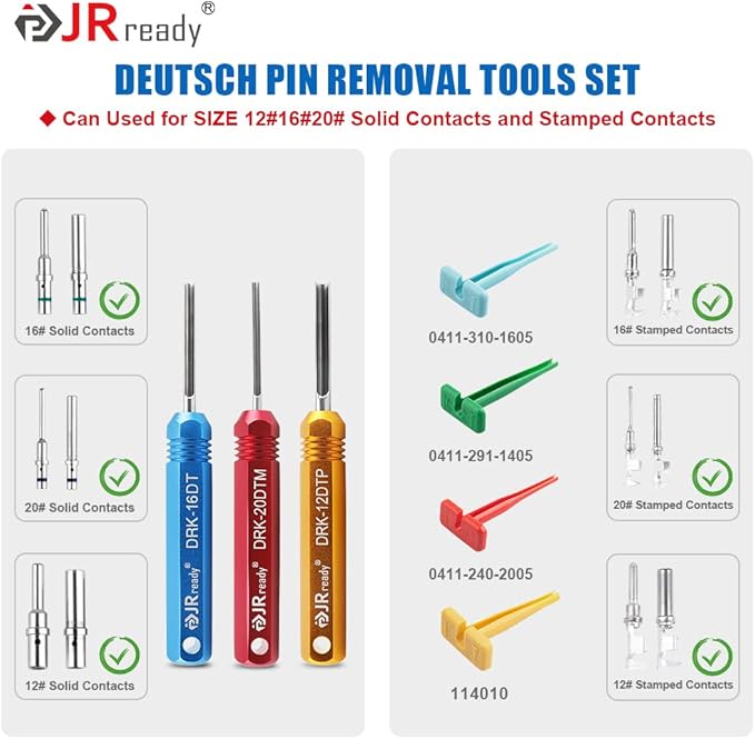 JRready ST5236 Deutsch Pin Extractor Tool for 16#12#20# Solid/Stamped Contacts 10-22 AWG, Terminal Removal Tool Kit with Steel DRK-RT1 for Deutsch DT,DTM,DTP Series Connector 13PCS