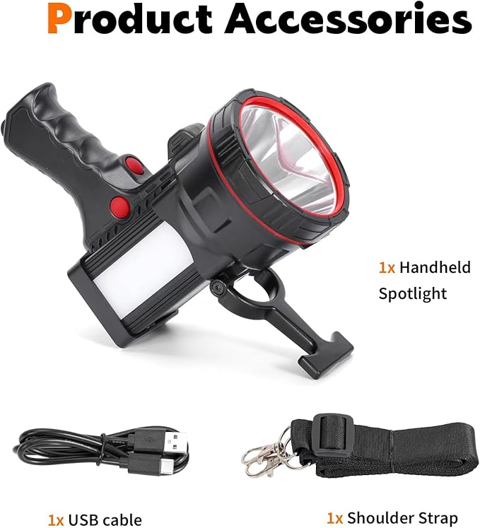 Superbright Handheld LED Spotlight Flashlight Powerful Searchlight USB Rechargeable Lantern with Power Bank Function Portable Camping Emergency Light (Yellow Light)