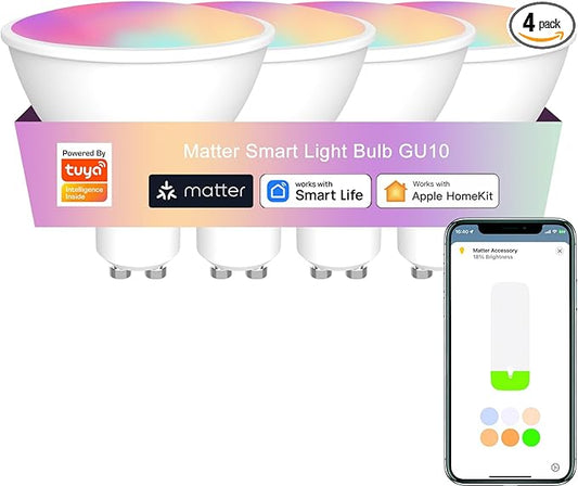 Smart Matter GU10 Light Bulb, WiFi, RGBCW Color Changing, 40W 400LM, Works with HomeKit Alexa Google Home, 4 Pack