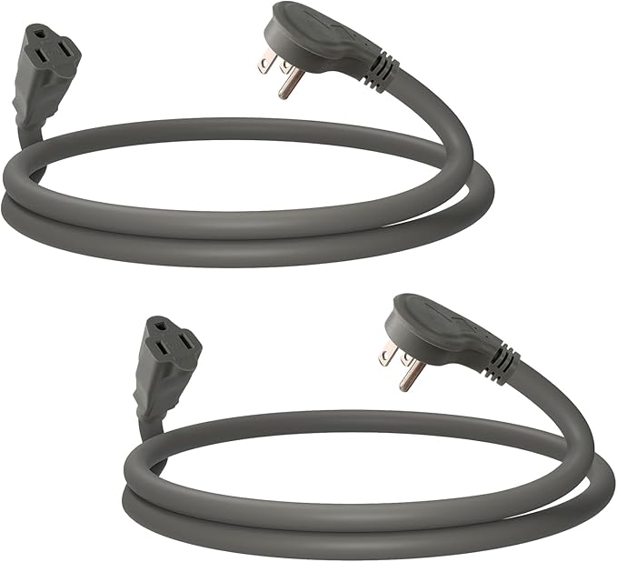 EP 2 Pack 3 Ft Flat Plug Extension Cord, 16 AWG 3 Prong Grounded Grey Low Profile Extension Cable for Indoor