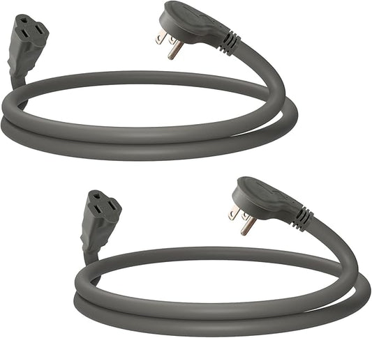 EP 2 Pack 3 Ft Flat Plug Extension Cord, 16 AWG 3 Prong Grounded Grey Low Profile Extension Cable for Indoor