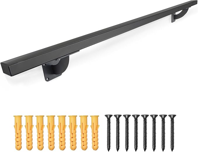 4 FT Heavy Duty Black Metal Staircase Handrail Indoor Stair Railing - 48 Inch Wall Mount Iron Pipe Hand Rails for Indoor & Outdoor, Banister Steps Rail Safety Wall Grab Bar for Handicap