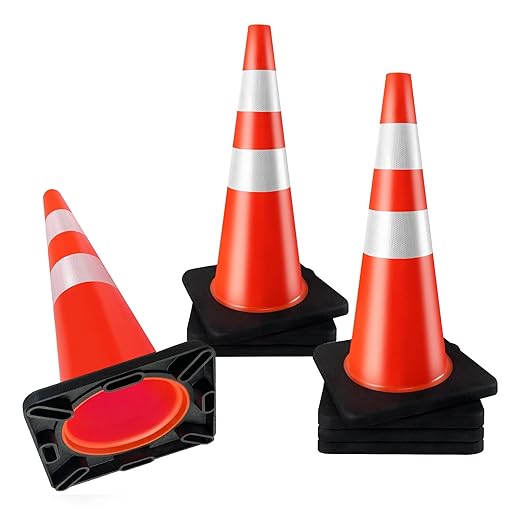 Traffic Cones 28 inch PVC Orange 8 Pack Heavy Duty Black Base Construction with Reflective Collars Fit Parking Lot,Driveway Road Traffic Control Safety Cones