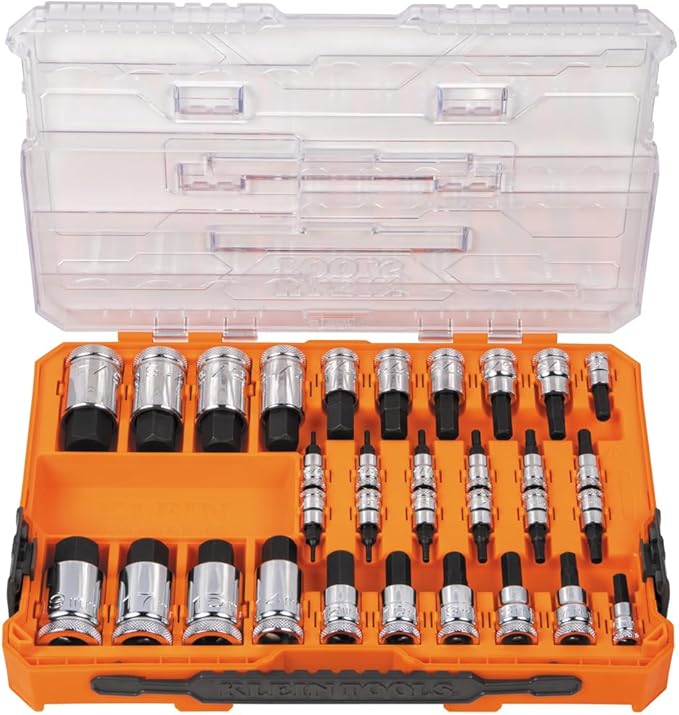 Klein Tools 65233HEX Hex Bit Socket Set, 1/4, 3/8, 1/2-Inch Drives, Knurled, SAE (5/64 to 3/4 inch) and Metric (2 to 19mm) with MODbox Case, 32-Piece