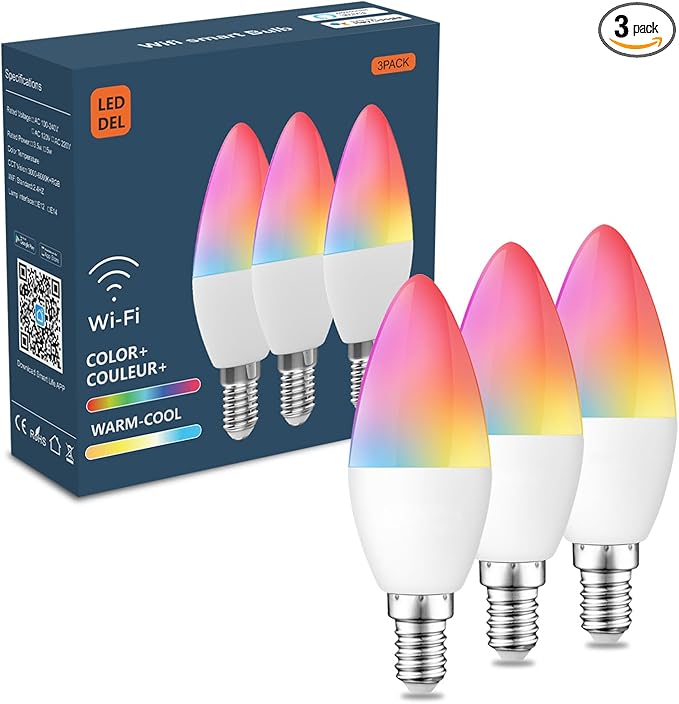 Smart Candelabra LED Bulbs 40 Watt Equivalent, 300lm, E12 LED Bulb Compatible with Alexa/Google Assistant/Smart Life, No Hub Required, Dimmable, 2.4GHz WiFi Only, 3 Pack, C37-3