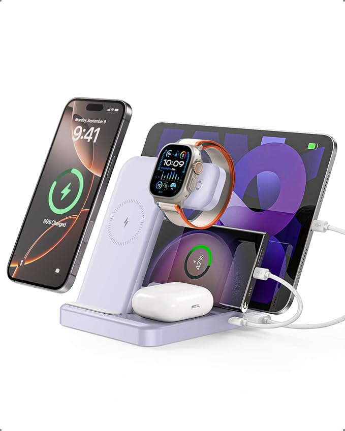 Multiple Devices Charging Station, 5-in-1 Charging Station for iPhone 16e/16 Pro Max/Pro/Plus/15/14/13/12, iPad Pro/Air/Mini, Apple Watch and Airpods,Wireless Charging Dock(G805) (Lavender)
