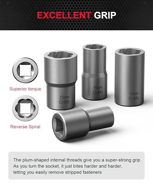 Kolvoii Deep Bolt Extractor Kit, 1/2" Drive Impact Bolt & Nut Remover Set, Lug Nut Removal Tool, 16 Pcs Stripped Extractor Socket Set for Removing Damaged, Rusted, Bolts, Nuts, Screws, 35#CR-MO