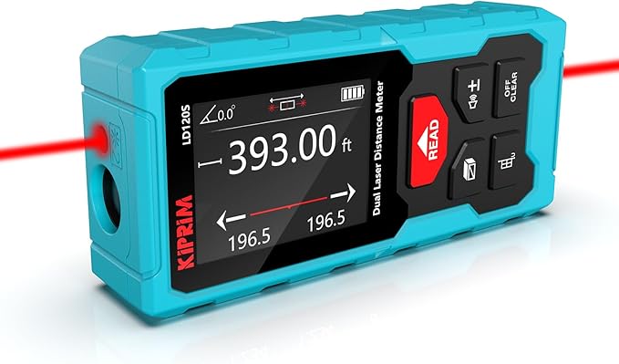 Kiprim 393ft Dual Laser Distance Measuring Tool LD120S, 120m Total Range, Electronic Level, Precise Measurements, and Pythagorean Function - Ideal for Construction, DIY, and Home Renovation