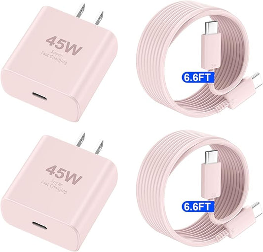 Phone 16 Pro Max Charger Fast Charging, 45W USB C Phone 16 Super Fast Charger Block with 6.6ft Long Type C Charging Cable Cord for Phone 16/16 Pro/16 Pro Max/16 Plus, 15/15 ProMax/Pro/Plus-2pack Pink