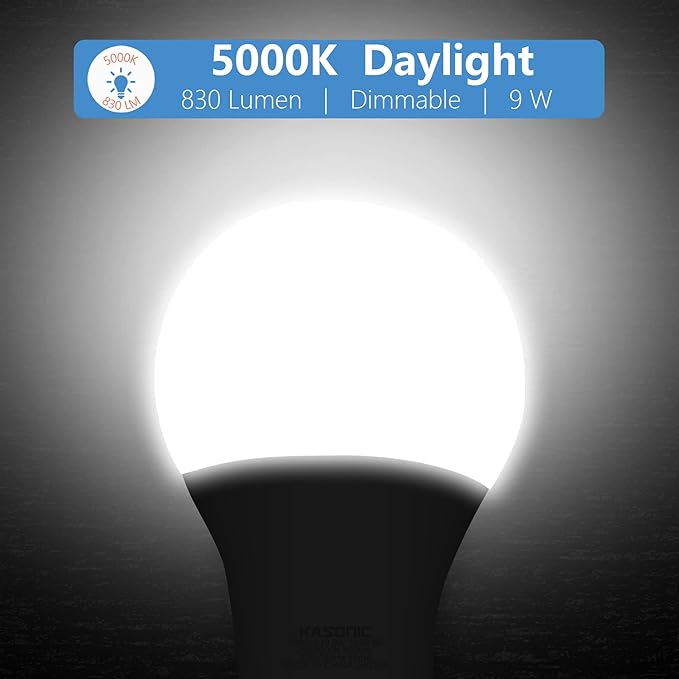 Kasonic Dimmable A19 LED Light Bulb, 60W Equivalent, Efficient 9W, UL Listed, 830 Lumens, E26 Standard Base, 5000K Daylight, 6 Pack