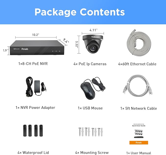 4K Security Camera Systems, 4X 8-Megapixel Wired IP Dome PoE Cameras Outdoor with Person Vehicle Detection, Built-in Mic, Remote Access, 4K 8CH NVR 2TB HDD for 24-7 Recording, PD93A30408-8M