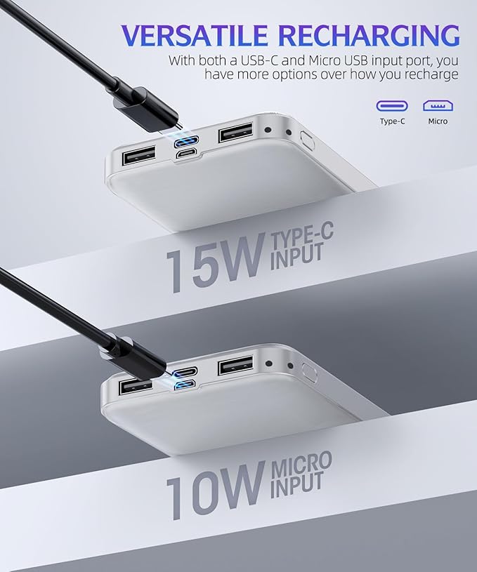 Portable Charger 2-Pack 15000mAh Power Bank Dual USB and Type-C Output 5V3.1A Fast Charger Battery Pack for iPhone 16 15 14 13 12 X Samsung S24 S23 Google iPad etc (Light Black and White)