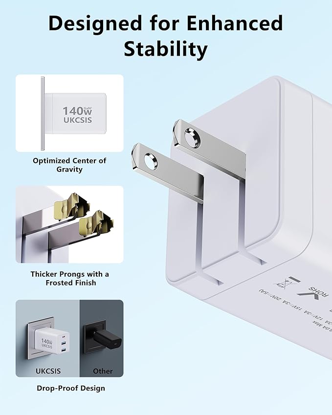 2Pack Mac Book Charger 140W, USB C Fast Charger Foldable 3-Port Multi-Device Fast Power Adapter, USB C Charger for MacBook pro/Air, Dell, Samsung Galaxy, iPad Pro, and More(White)
