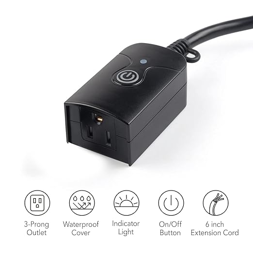 HBN Outdoor Indoor Wireless Remote Control 3-Prong Outlet Weatherproof Heavy Duty 15 A Compact 1 Remote 3 Outlets with Remote 6-inch Cord 100ft Range ETL Listed (Battery Included)