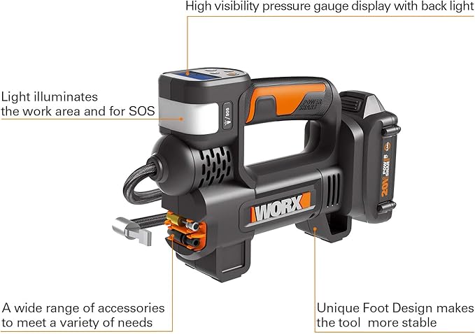 Worx WX092L 20V 2.0Ah 2 in 1 Cordless Inflator Battery and Charger Included, max. 10 Bar, Digital pressure display