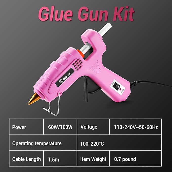 Hot Glue Gun Full Size: DEKOPRO 60/100Watt Dual Temp Hot Glue Gun Kit with 25 Glue Sticks, Organize Storage Case, Heavy Duty Heat Glue Gun Tool Set for Home Repair, Art & Crafts, DIY Pink